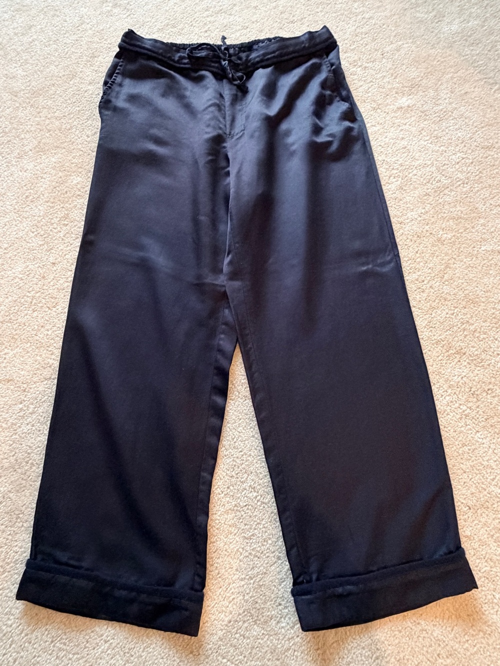 Brazeau Tricot Silk Cotton Black Wide Leg Pants Cuffed Drawstring Lounge Chic